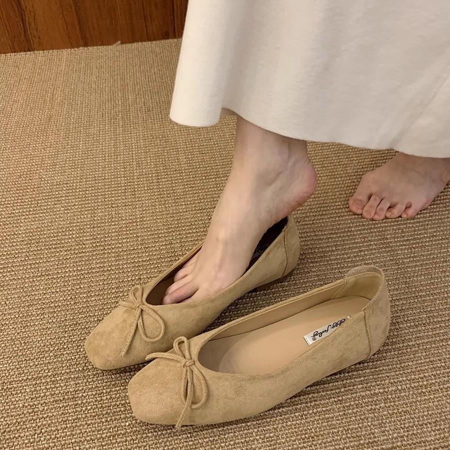 French Fragrant Flat Bottom Square Head Red Bow Single Shoes Women's Shoes 25 New Spring Versatile Gentle Commuter Shoes