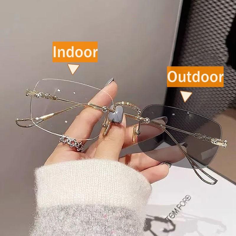 Women's Small Rectangular Pochromic Myopia Glasses Stylish Rimless Minus Diopter Eyeglasses New Trendy Near Sight Eyewear