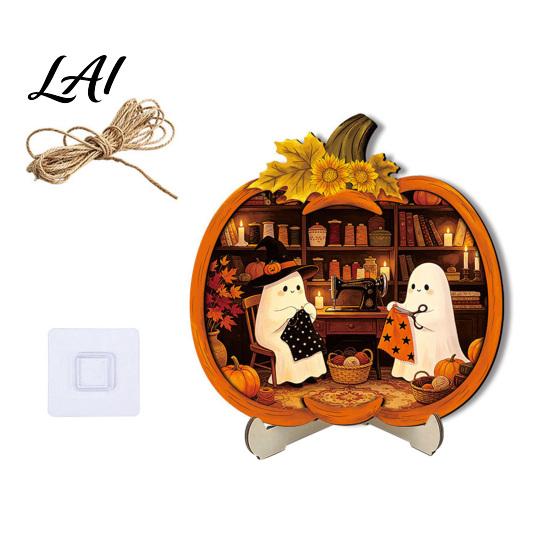 Cool Patterned Ornaments Halloween Door Sign Glowing Ghost Hanging Decor Wooden LED Window Reusable Party Supplies Ornament for Party Spooky