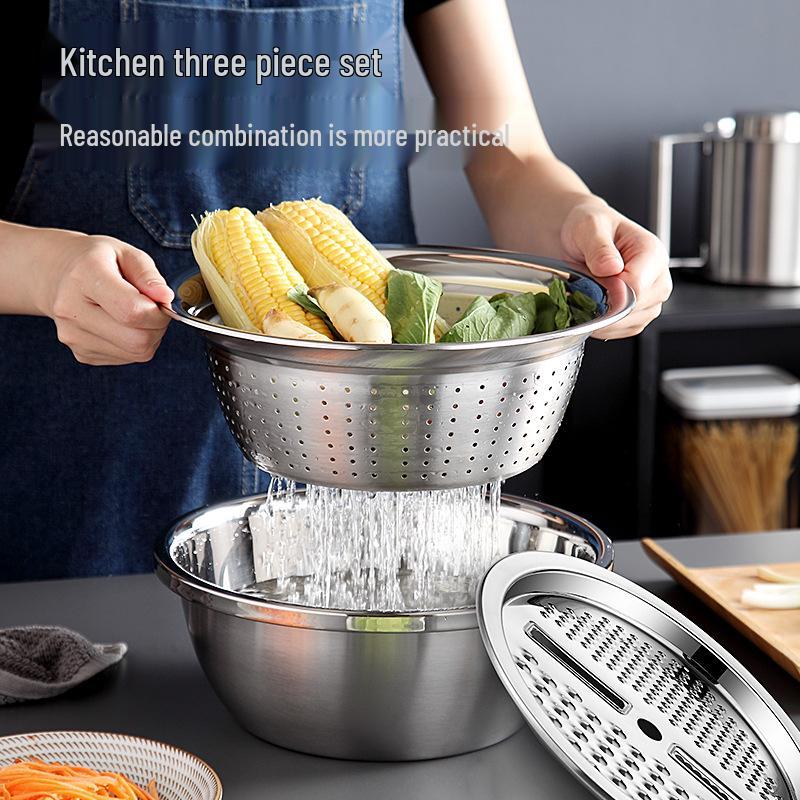 Multifunctional Stainless Steel Grater and Drain Basin Set with Slicer and Non-Magnetic Rice Sieve