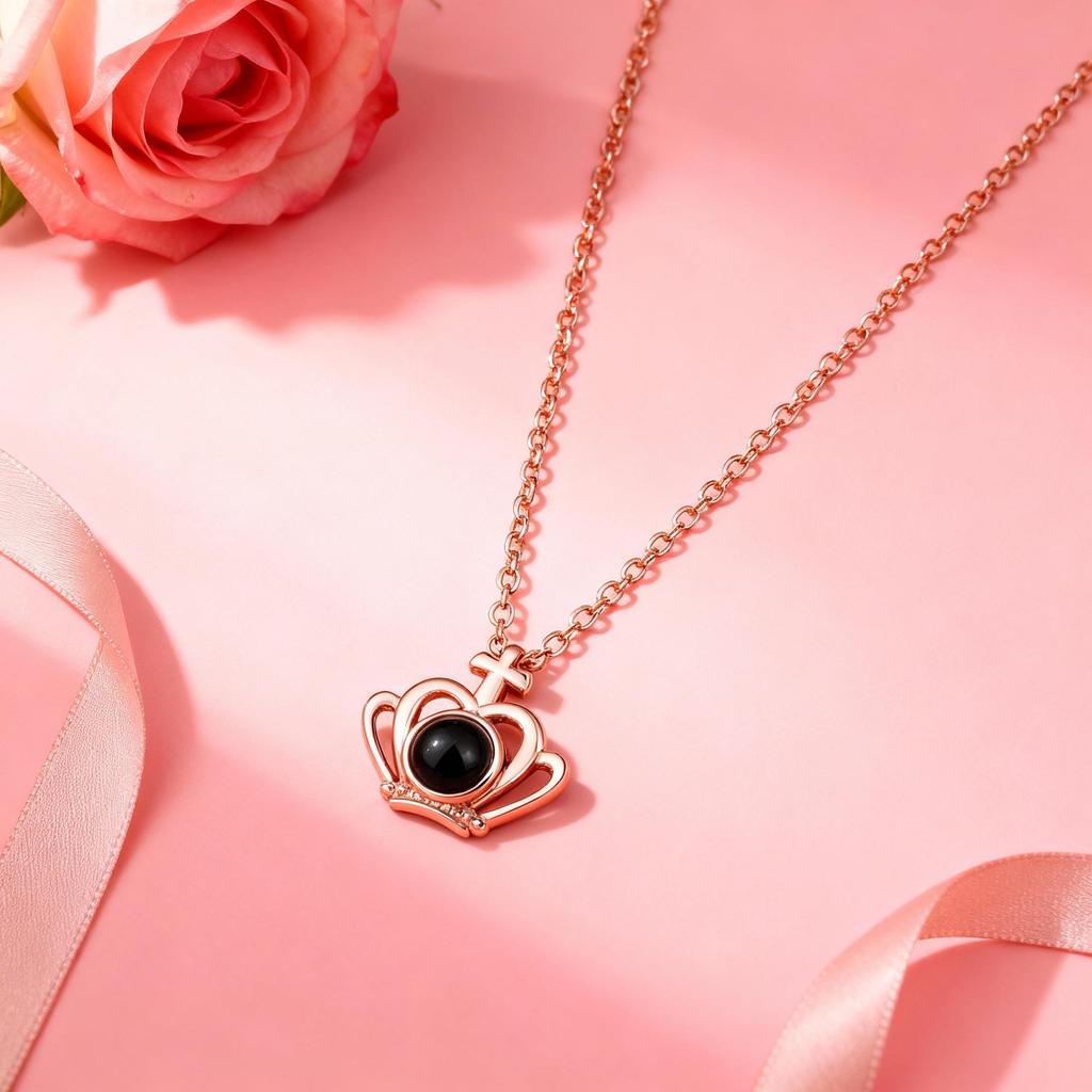 100 Languages 'I Love You' Crown Projection Necklace - Titanium Steel Clavicle Chain for Women