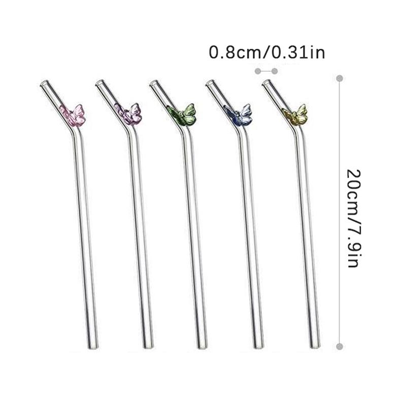 Reusable Glass Straws With Butterfly Eco Friendly Drinking Straws With Clean Brush For Smoothies Cocktails Bar Accessory