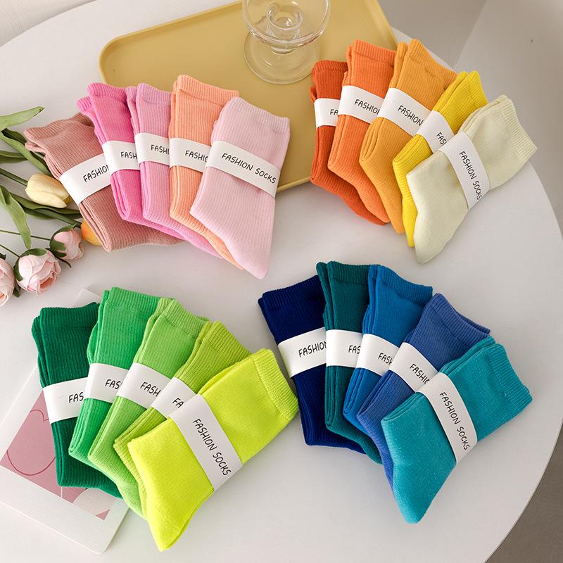 Japanese Retro Women's Cotton Knee-High Socks with Two-Stripe Design, Color Block Style.