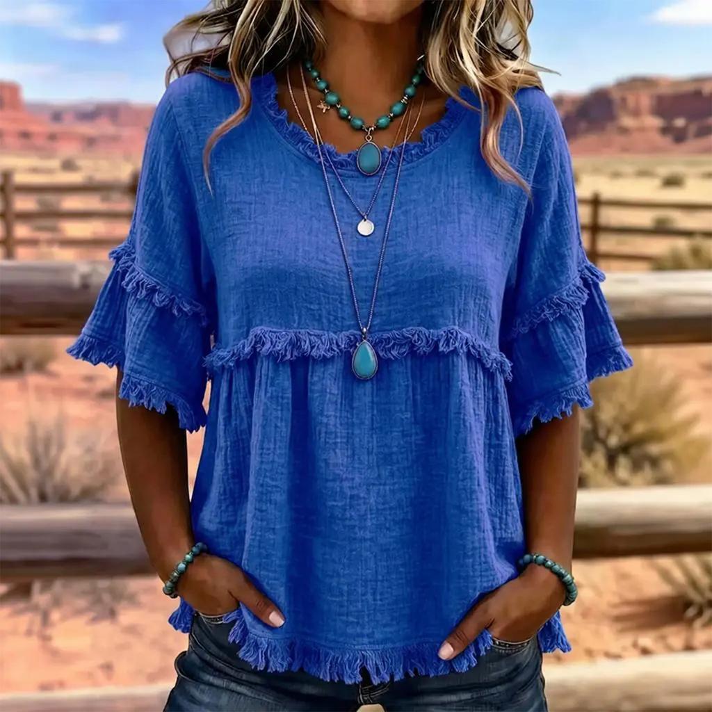 Women's Vintage Round Neck Short Sleeve Top Blouse