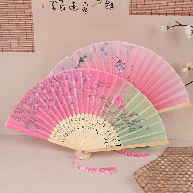 Vintage Printed Silk Folding Hand Fan Tassel Chinese Bamboo Fans Women Dance Performance Props Home Decoration Ornaments