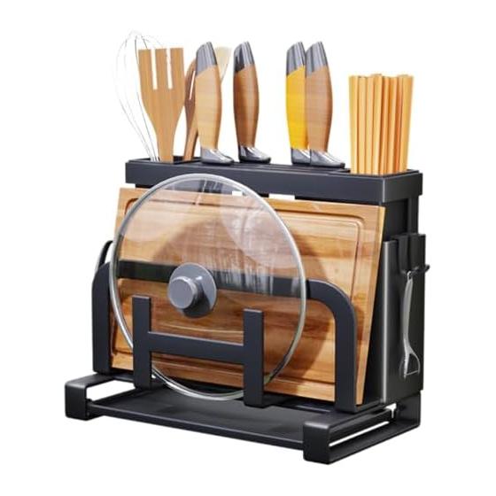 HIRAISM Cutting Board Holder, Knife Block, Pot Lid and Utensil Organizer Stand with Drip Tray, Multi-functional Countertop Storage Rack, Stainless