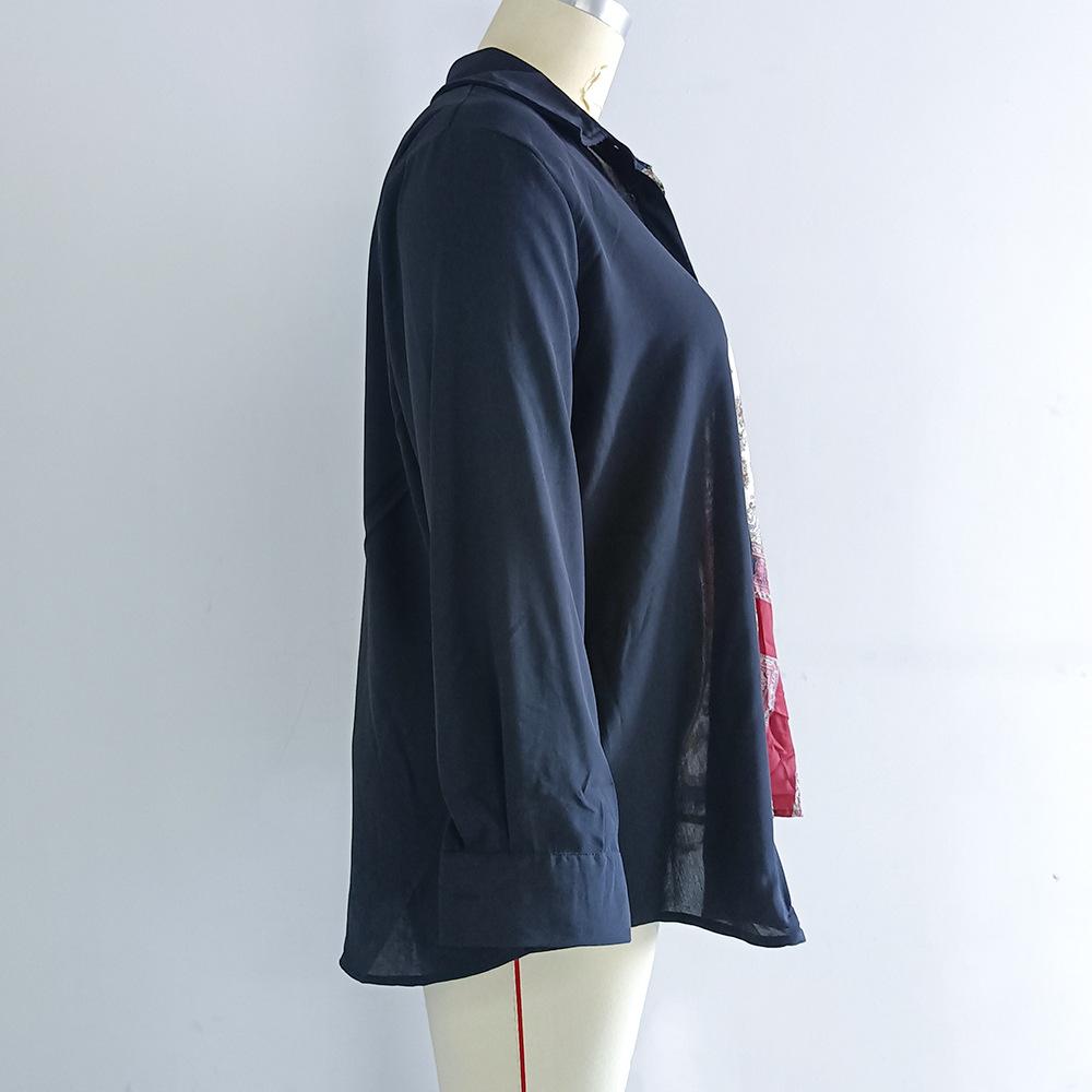 Dámská košile velké velikosti Jarní a podzimní Etnický větrný potisk Splicing Volný sexy košile s dlouhým rukávem