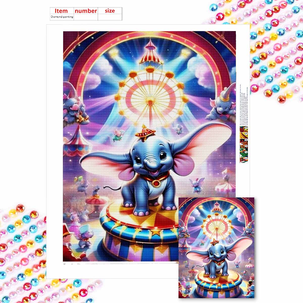 

5D Diy Diamond Painting The Performing Dumbo Full Drill Rhinestones Mosaic Embroidery Handmade Products Home Decor Gift Round 20x30cm