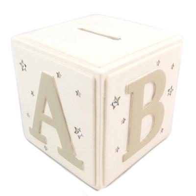 [P6235] - Pokladnička živicová 'Abeceda' béžová taupe - 7x7x7 cm