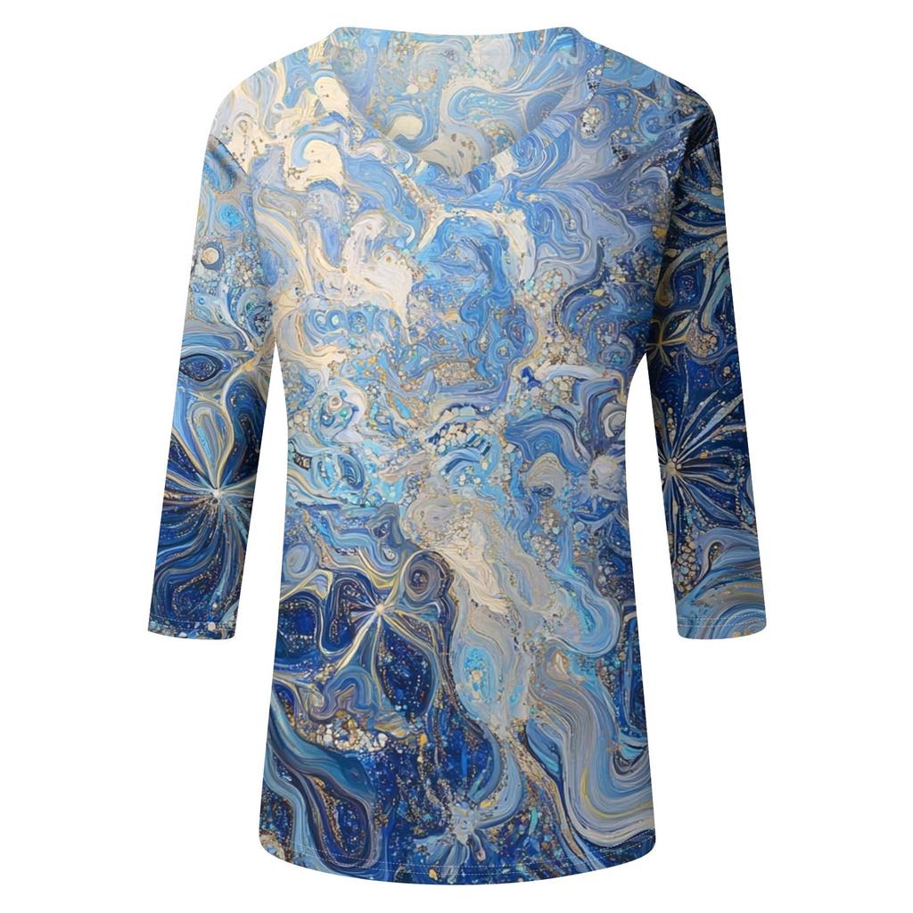 Women's Tops Three-quarter Sleeve Shirt V-neck Loose Casual Shirt Print T-shirt