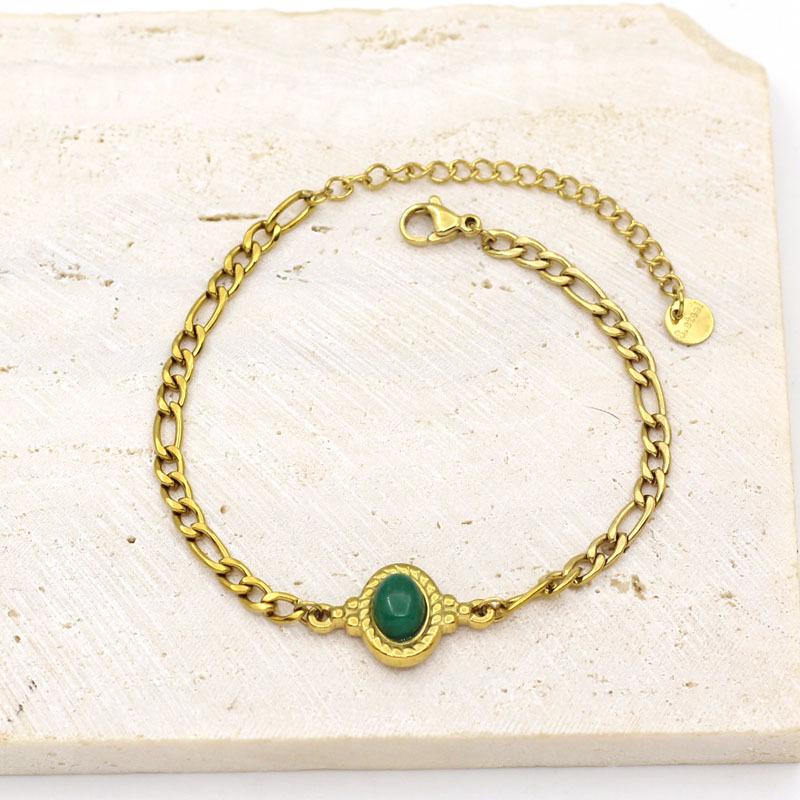 Gemstone Bracelet: Gold-Plated Stainless Steel Cuban Chain, European & American Retro Style
