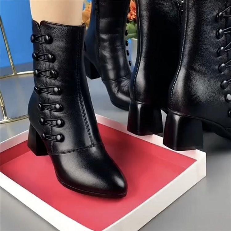 2026New Women Boots Plush Warm Winter Boot Fashion Mid-calf Leather Boots Pointe Design High-heeled Boots for Women Botas Mujer
