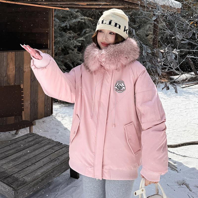 Women's Winter Hooded Cotton-Padded Parka with Stand-Up Collar and Badge Design