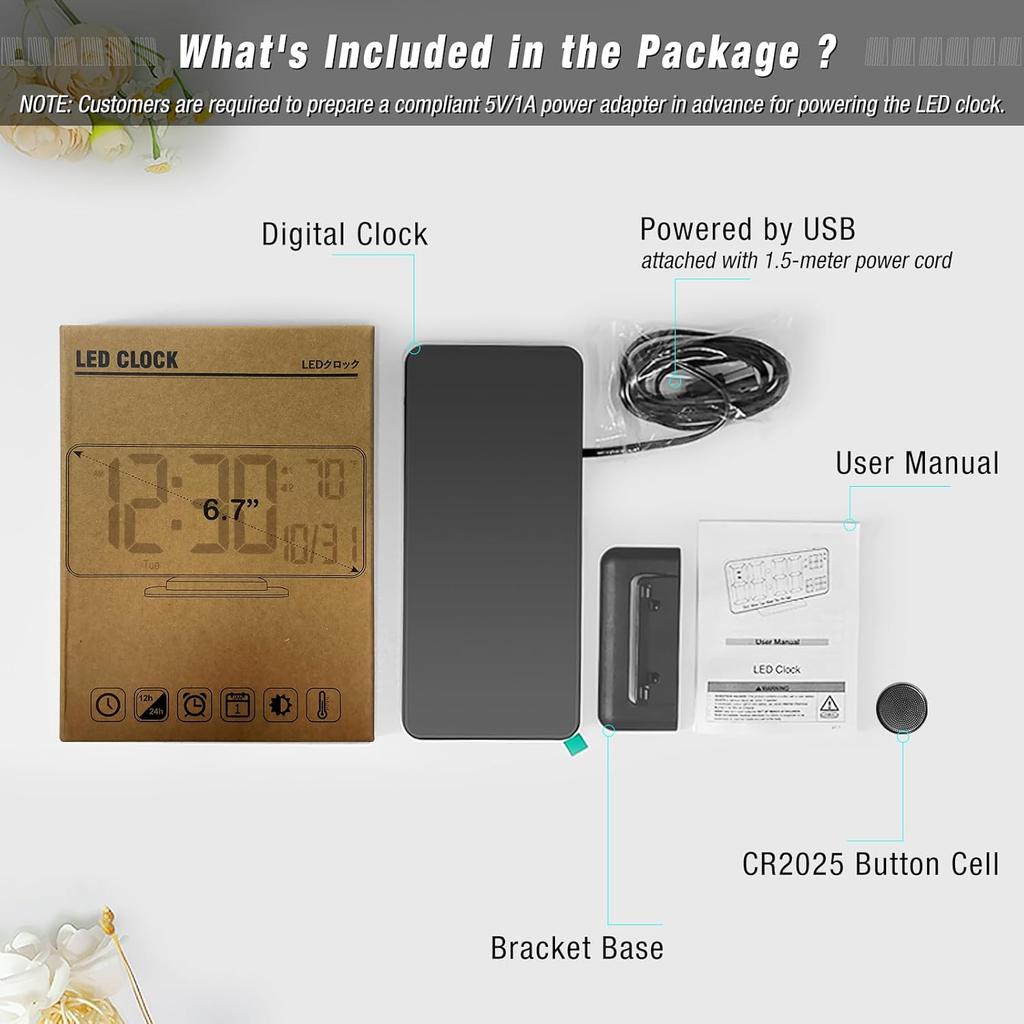 KOSUMOSU Digital Clock for Bedroom 6.7in Small Digital Alarm Clock Black, Dimming,12/24h,Date,Day of Week, Indoor Temperature,Desk Clocks for