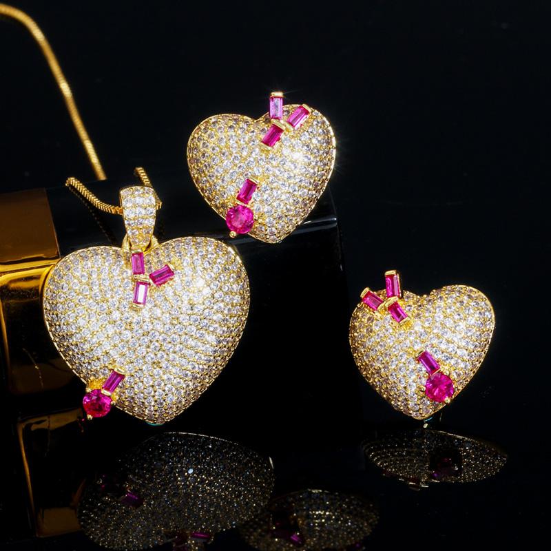 WWJ Yellow Golden Color Love Heart Cupid's Arrow Pendants Necklaces Earrings Set