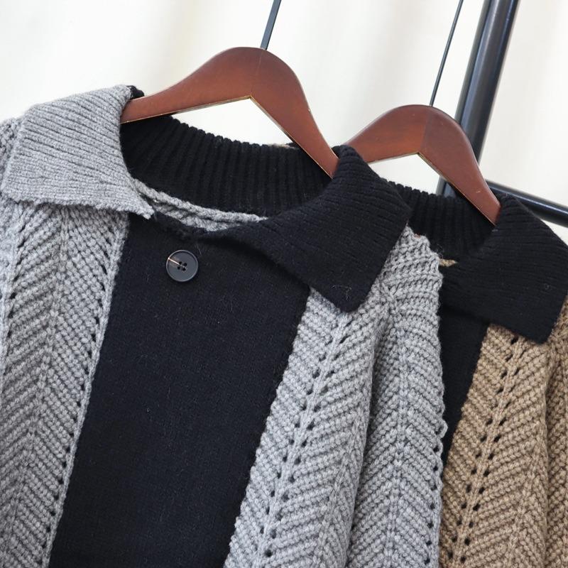 Autumn and Winter New Design Sense Contrasting Color Lapel Sweater Pullover Lazy Wind Loose Knitted Sweater Top Women