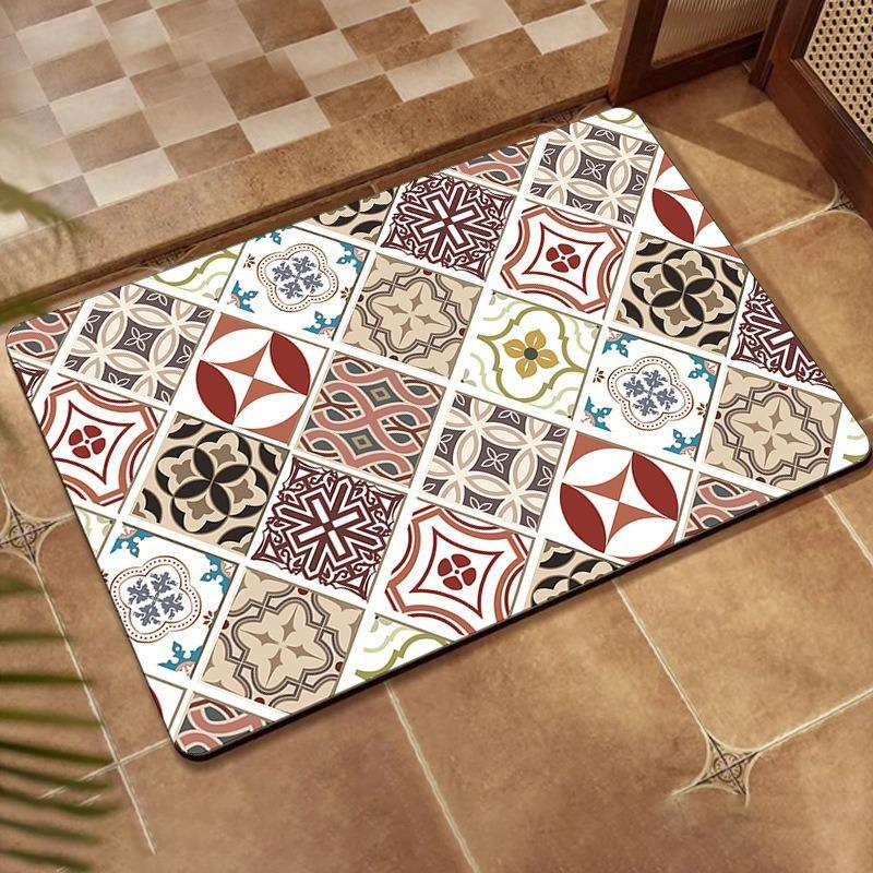 Retro Persian Grid Ethnic Style Diatomaceous Mud Floor Mat Bathroom Absorbent Anti Slip Foot Mat Entrance Foyer Door Mat