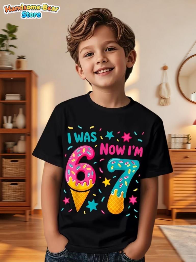 67 Meme T-Shirt for Kids 6-7 Years Old Birthday Party Gifts Summer Short Sleeve Tees Crew Neck Graphic Y2k Children's Clothing