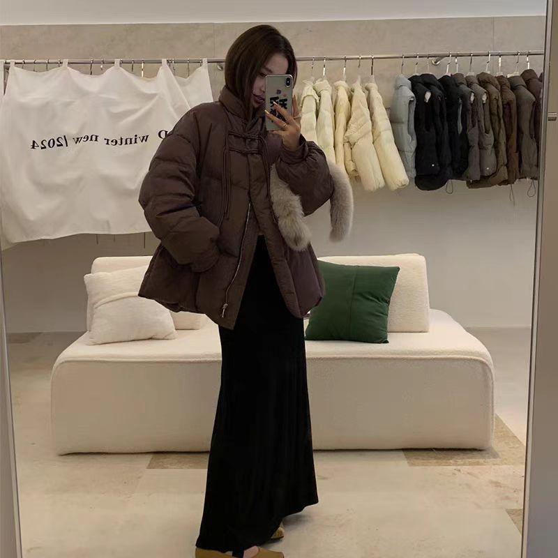 2024 winter new fox fur collar waist down jacket women's medium and long white duck down jacket tide