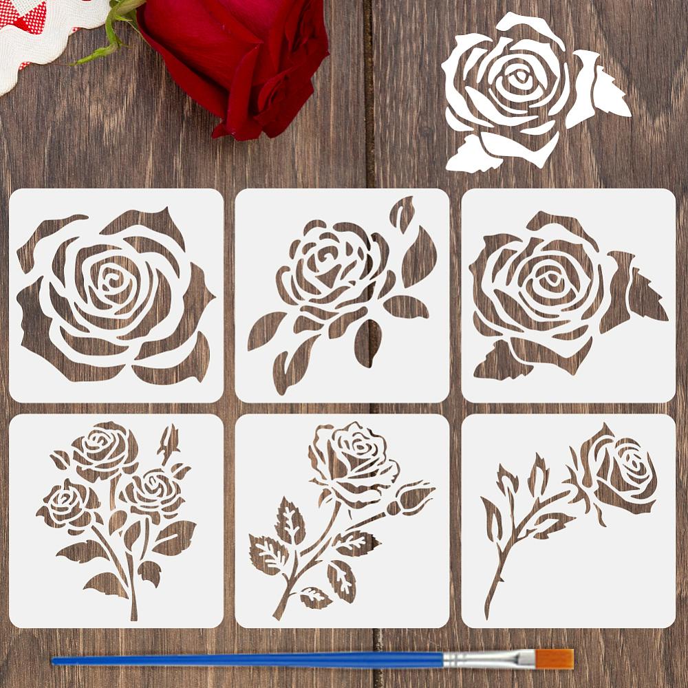 6Pcs 6 Styles PET Hollow Out Drawing Painting Stencils for DIY Scrapbook Photo Album June Rose 150x150mm 1pc/style