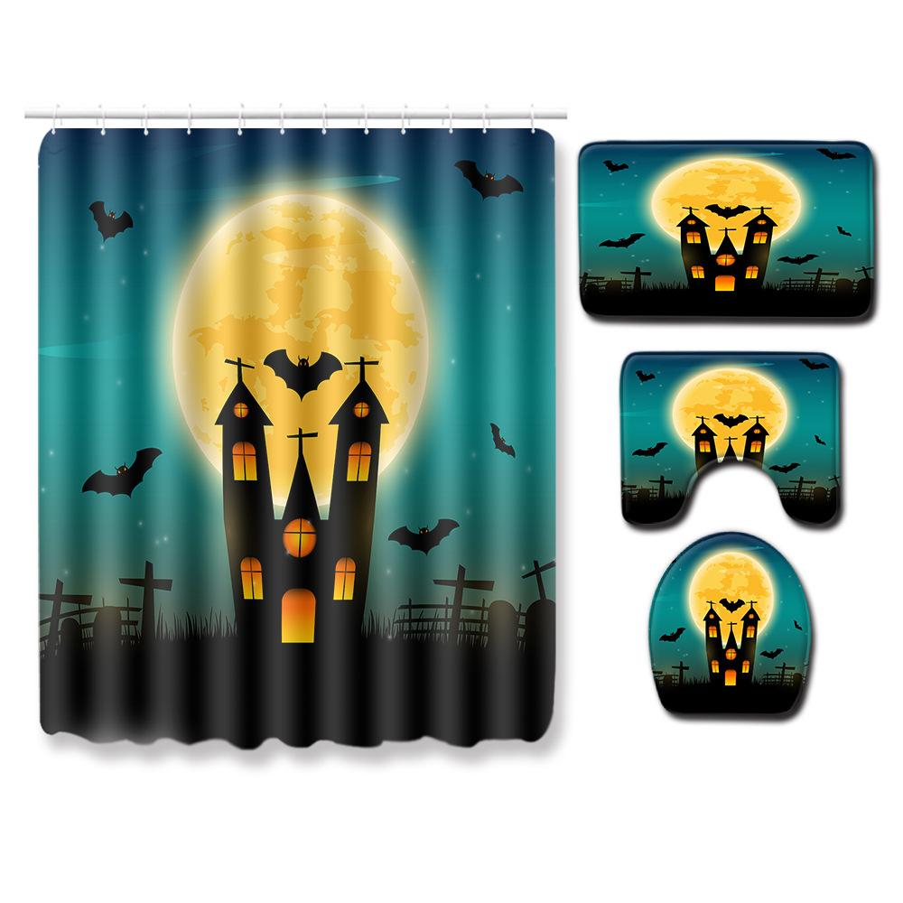 Halloween Shower Curtain Floor Mat Three-Piece Combination Set, Living Room Sand Absorbent Carpet, Bedroom Non-Slip Door Mat
