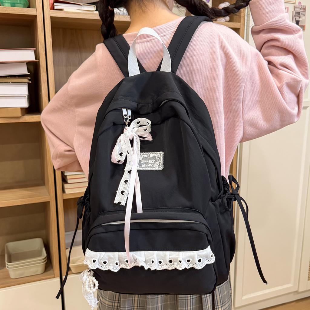 Women's Nylon Lace Bow Backpack Sweet Fresh Aesthetic Daily School Casual Book Bags 2026 New Fashion Student Back Packs