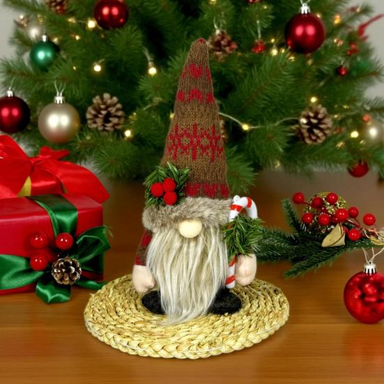 Christmas Plush Gnome Decoration Handmade Elf Dwarf Figurine with Knitted Hat Pine Branches Winter Stuffed Swedish Doll