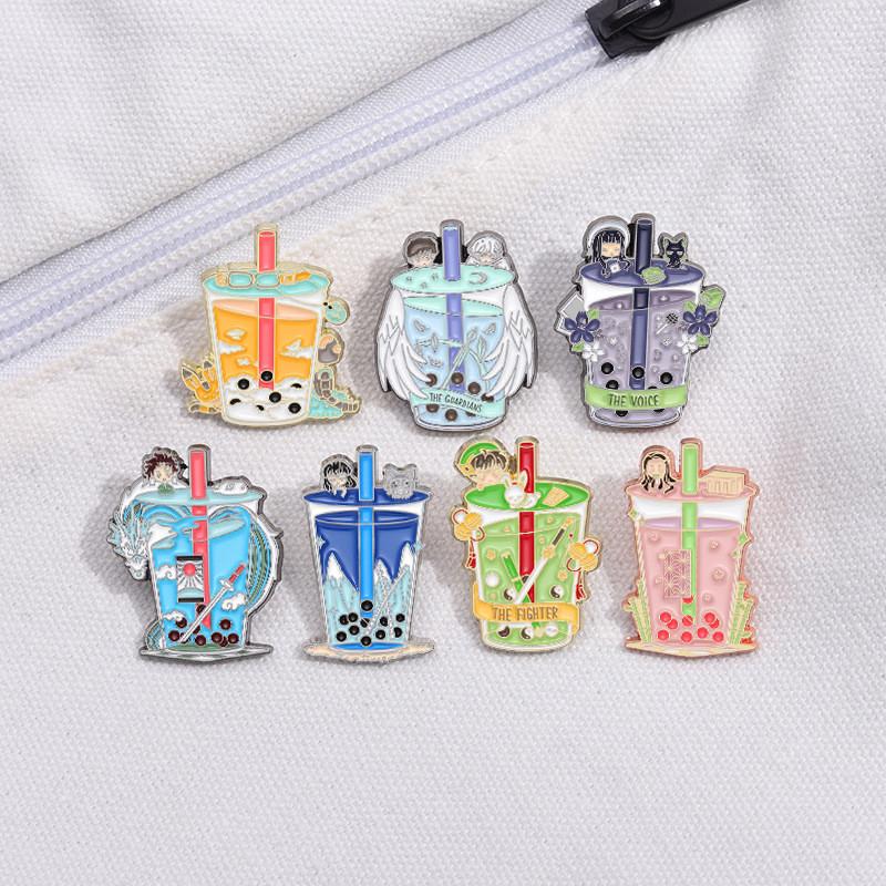Creative Anime Inspired Pearl Milk Tea Cup Brooch Colorful Metal Accessory For Fashionable Outfits