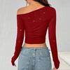 European Hot Girl Rhinestone Off-Shoulder Long Sleeve Knit T-Shirt - 2025 Spring Slim Fit Top