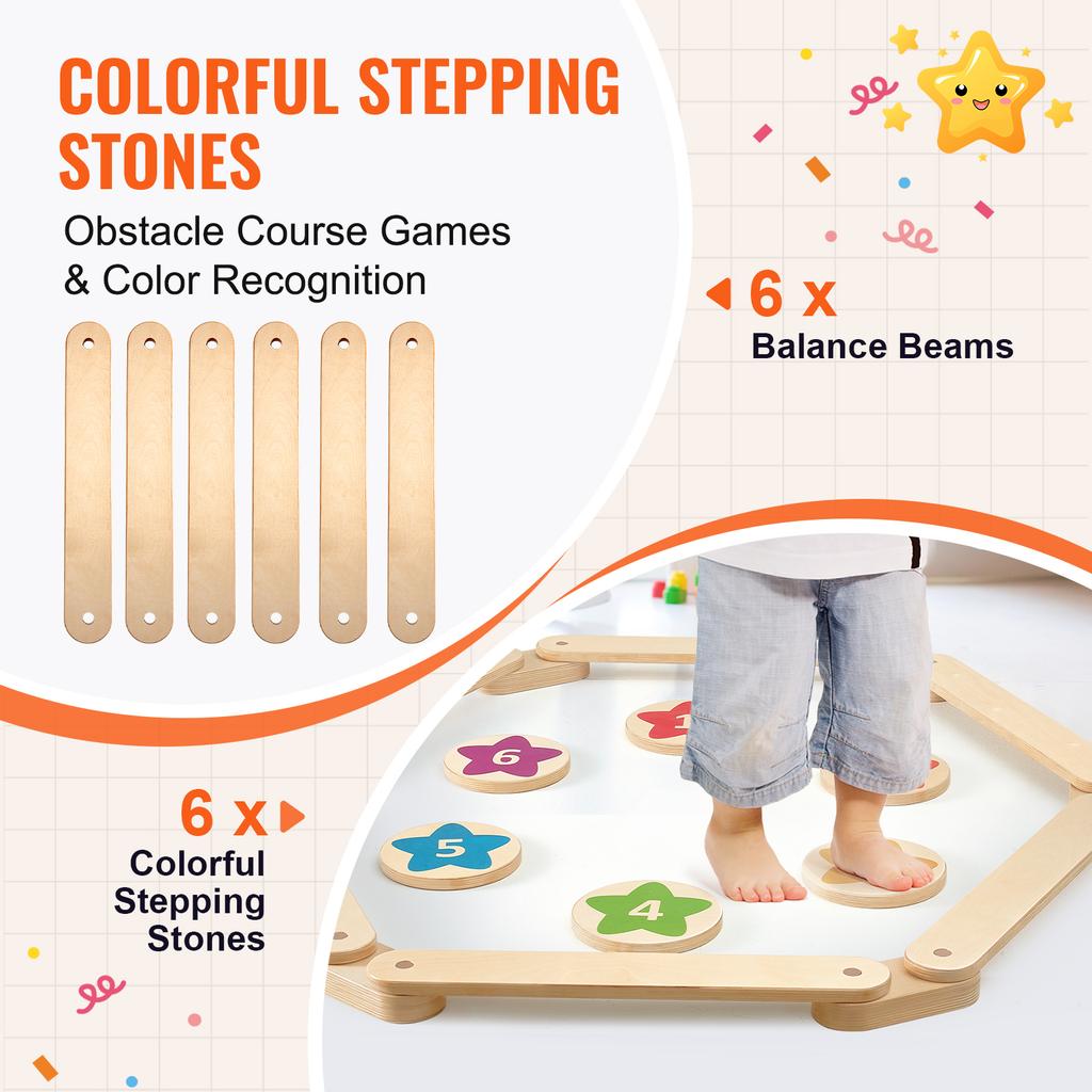 SucceBuy 6PCS Kids Balance Beam Stepping Stones Wooden Toddler Balance Boards Indoor/Outdoor Montessori Toy for Children Gifts