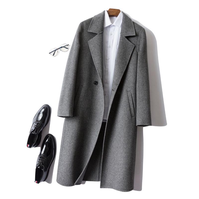 Men's Mid-Length Double-Faced Wool Cashmere Overcoat with Suit Collar