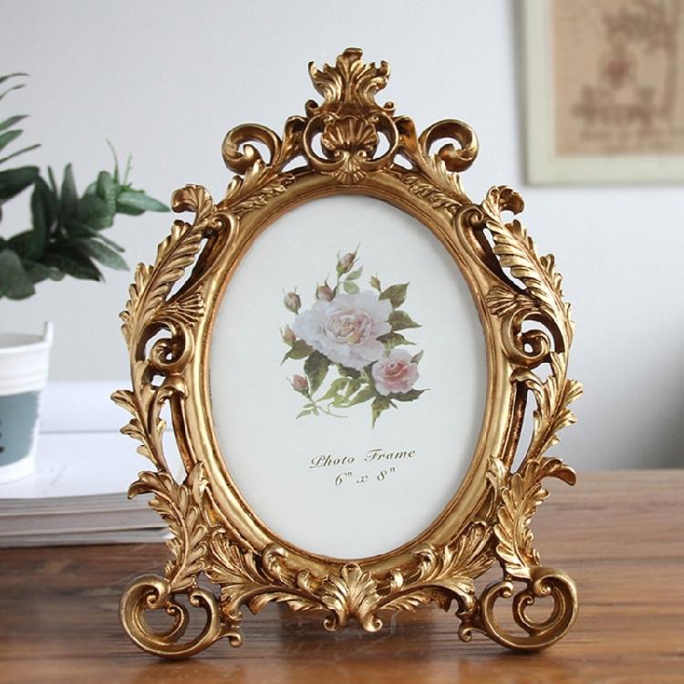 Golden Flowers Photo Frame With Antique Design Resin Oval Shape Picture Frame For Anniversary Wedding Or Housewarmings