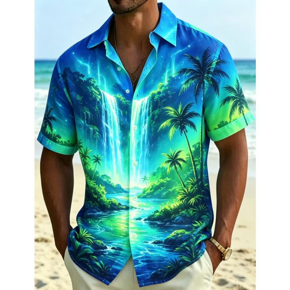 Herren Tropisches Neon-Landschafts-Print Kurzarmhemd, Natürlicher Und Ausgeprägter Stil, Für Sommerpartys Und Tägliche Styles