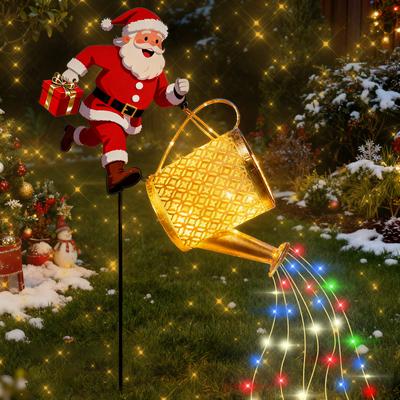 Solar Powered Santa Claus Waterfall Lamp Outdoor Garden Decor Metal Decoration Automatic Night Lighting Christmas Theme
