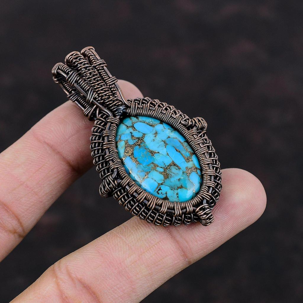 Copper Blue Turquoise Pendant Copper Wire Wrapped Pendant Awesome Gemstone Jewelry Handmade Pendant Copper Wire Wrap Jewelry Gift For Mother