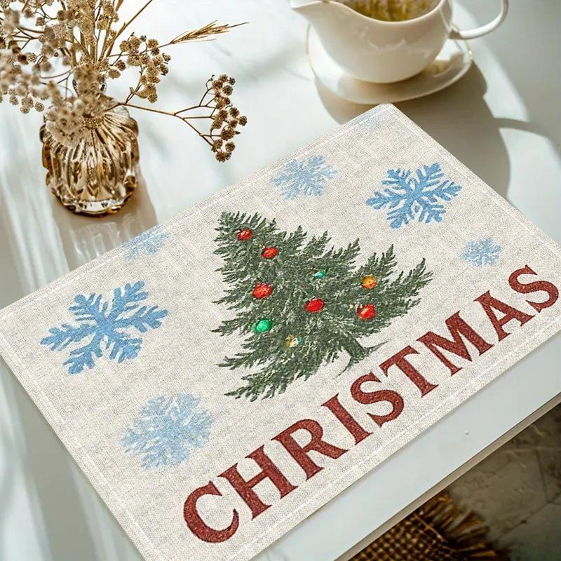 Christmas Linen Placemat Table Coffee Mat Poinsettia Pine Tree Snowflake Cone Merry Christmas Beige Red Green Elegant Decorative