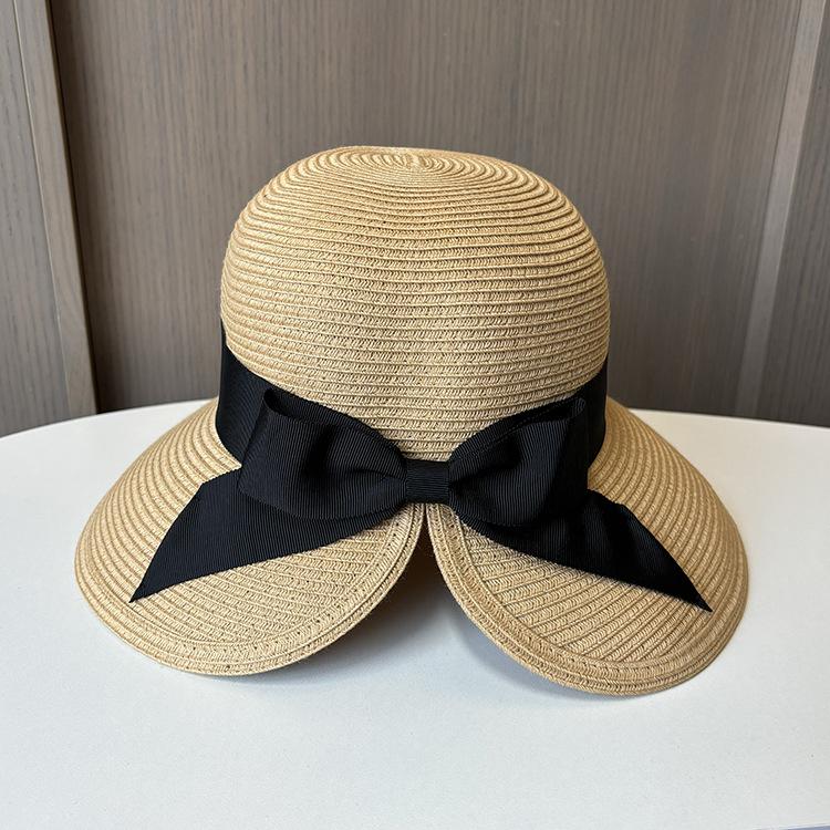 Soft sunshade straw hat women's summer travel vacation sun hat sweet bow big hat foldable beach hat