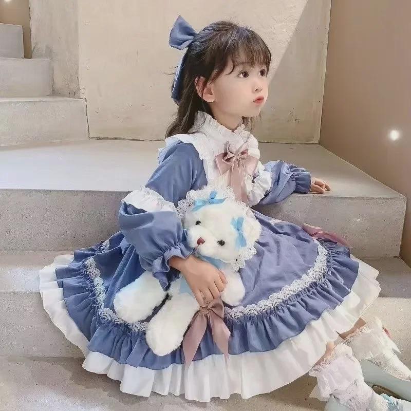2024 Autumn/Winter Long-Sleeve Bow Lace Lolita Dress for Girls' Birthdays