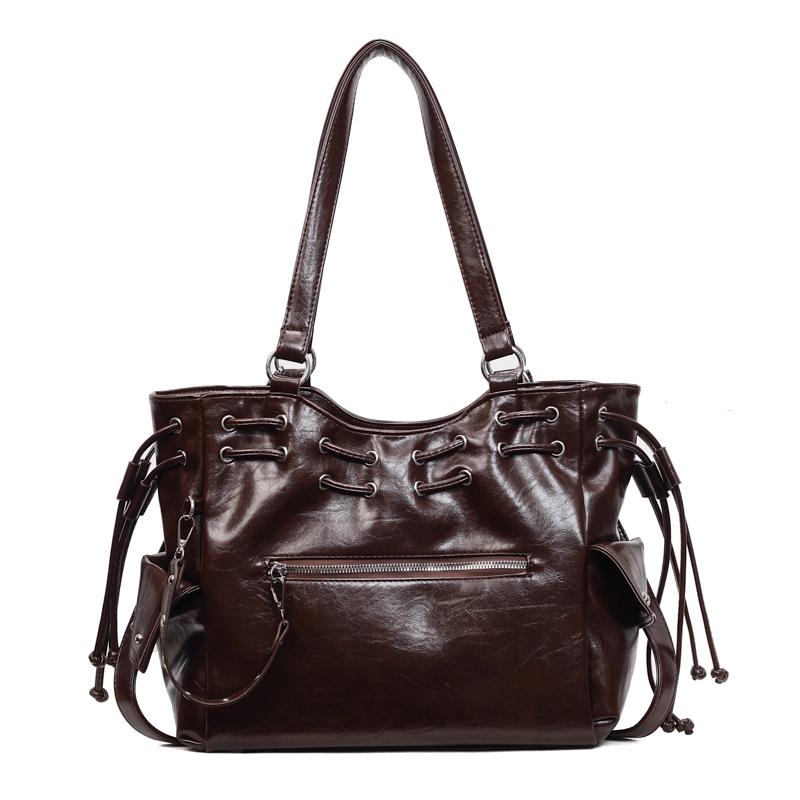 

Трендовый рюкзак на шнурке, многокарманная кожаная сумка, стильная женская сумка через плечо 38x11x27cm кофейный