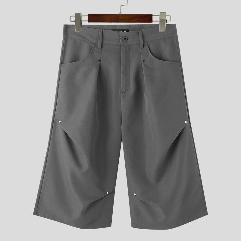 INCERUN Men Ruffled Cropped Trousers Casual Zipper Cargo Capris Pants