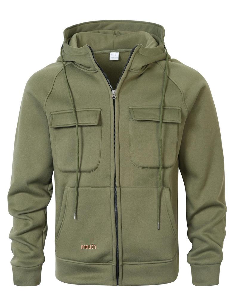 Men's Multi-Pocket Zip-Up Hooded Cardigan: European/American Style, Loose Fit, Stand Collar, Perfect for Spring, Autumn, Winter.