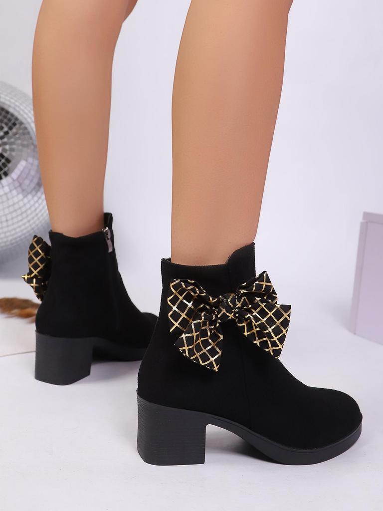 Women's Black Suede Plaid Bow Ankle Boots with Chunky Mid Heel and Side Zipper for Autumn/Winter