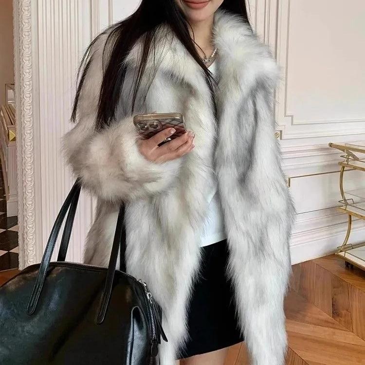 Geacă de iarnă pentru femei, imitație blană de vulpe, haină din iarbă, groasă, lungă, călduroasă, paltoane din blană artificială, jachetă cardigan de modă luxoasă, pentru femei