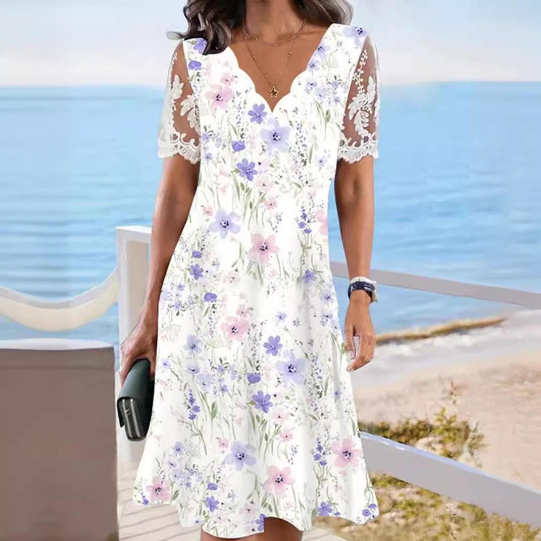 

Floral V-Neck Lace Trim Summer Dress with Pink Purple Flowers Green Leaves Print S білий