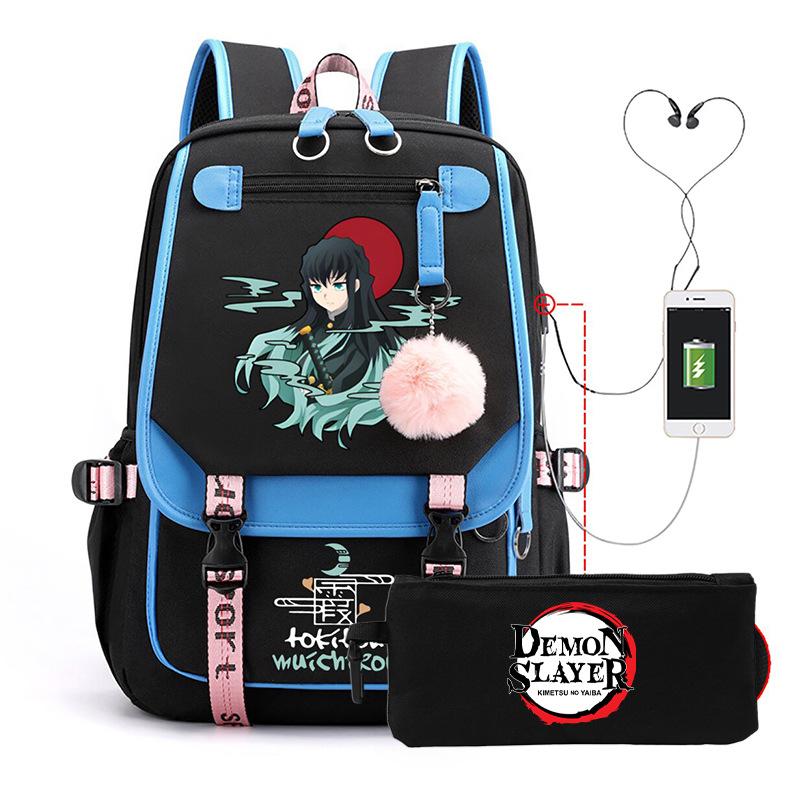 Two-dimensional peripheral day man ghost extinguishing backpack pencil bag large capacity student leisure schoolbag with USB port