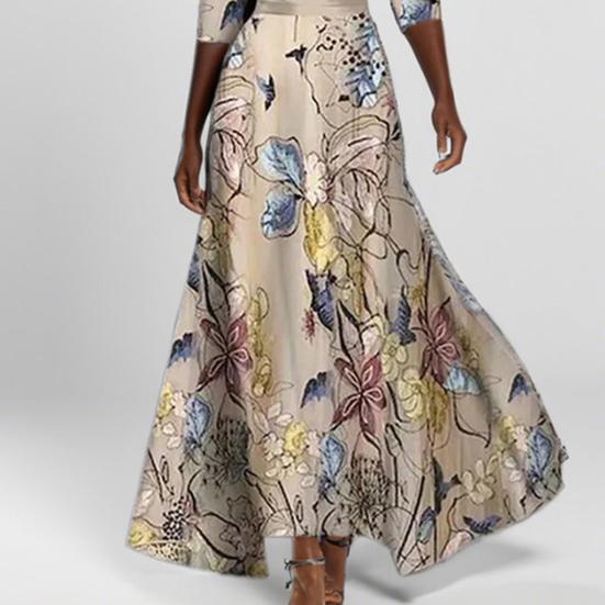 Women Maxi Dress V-Neck Half Sleeve High Waist Long Dress Floral Print Large Hem A-Line Dress Party Daily Wear
