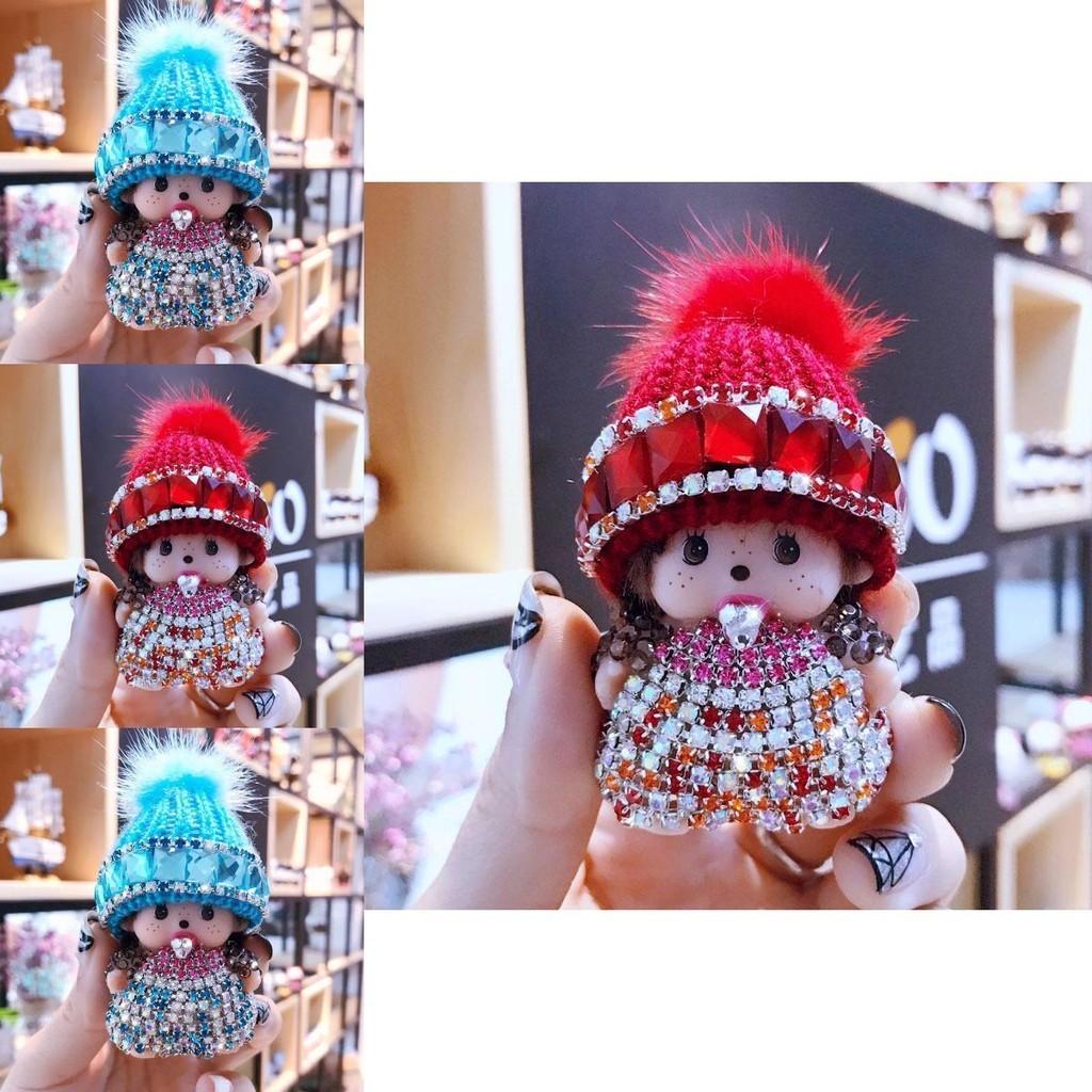 Kristalais inkrustuotas Monchhichi raktų pakabukas, megzta kepurė, audinės pakabukas, prizas iš žaidimų automato, mainų dovana