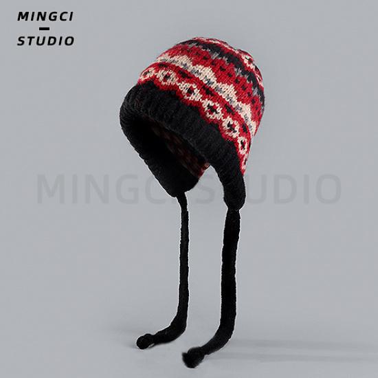 Adjustable vintage jacquard ethnic style women's autumn and winter tie-back ear-protecting knitted warm versatile beanie hat