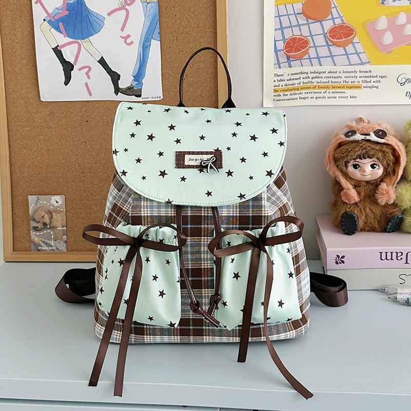 Sac à dos1011 nouvelle version coréenne dentelle enfants vert menthe sac à dos niche rétro carreaux mode nœud sac à dos