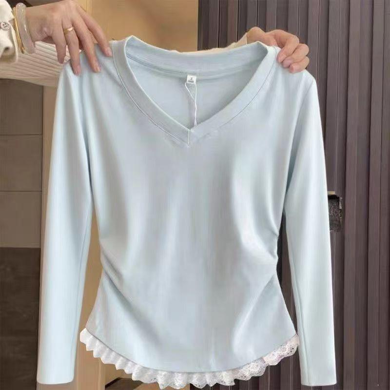 

Women s Lace Splicing V-Neck Long-Sleeve Top, Versatile Spring/Autumn Style with Cinched Waist and Stylish Design XX-Large светло-синий